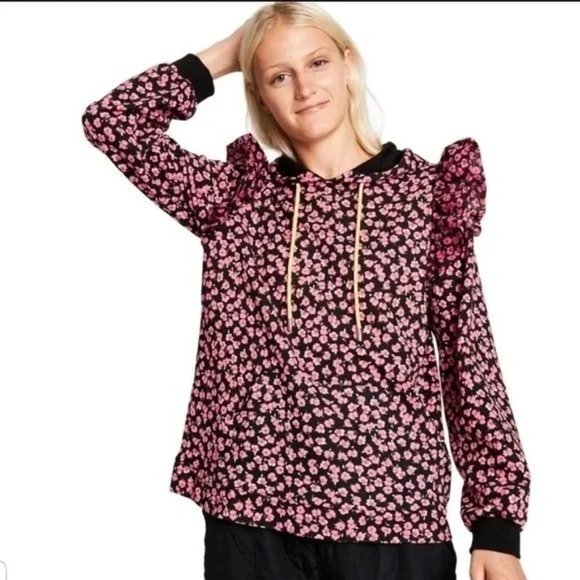 Sandy Liang S, M, L, 1X Pink Ditsy Floral Ruffle Hooded Hoodie Sweatshirt Top - Picture 5 of 11